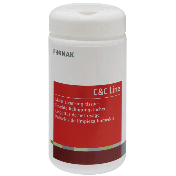 Phonak C & C Line Cleansing Tissues 90 hearing aid wipes in dispenser tub Keephearing Ltd